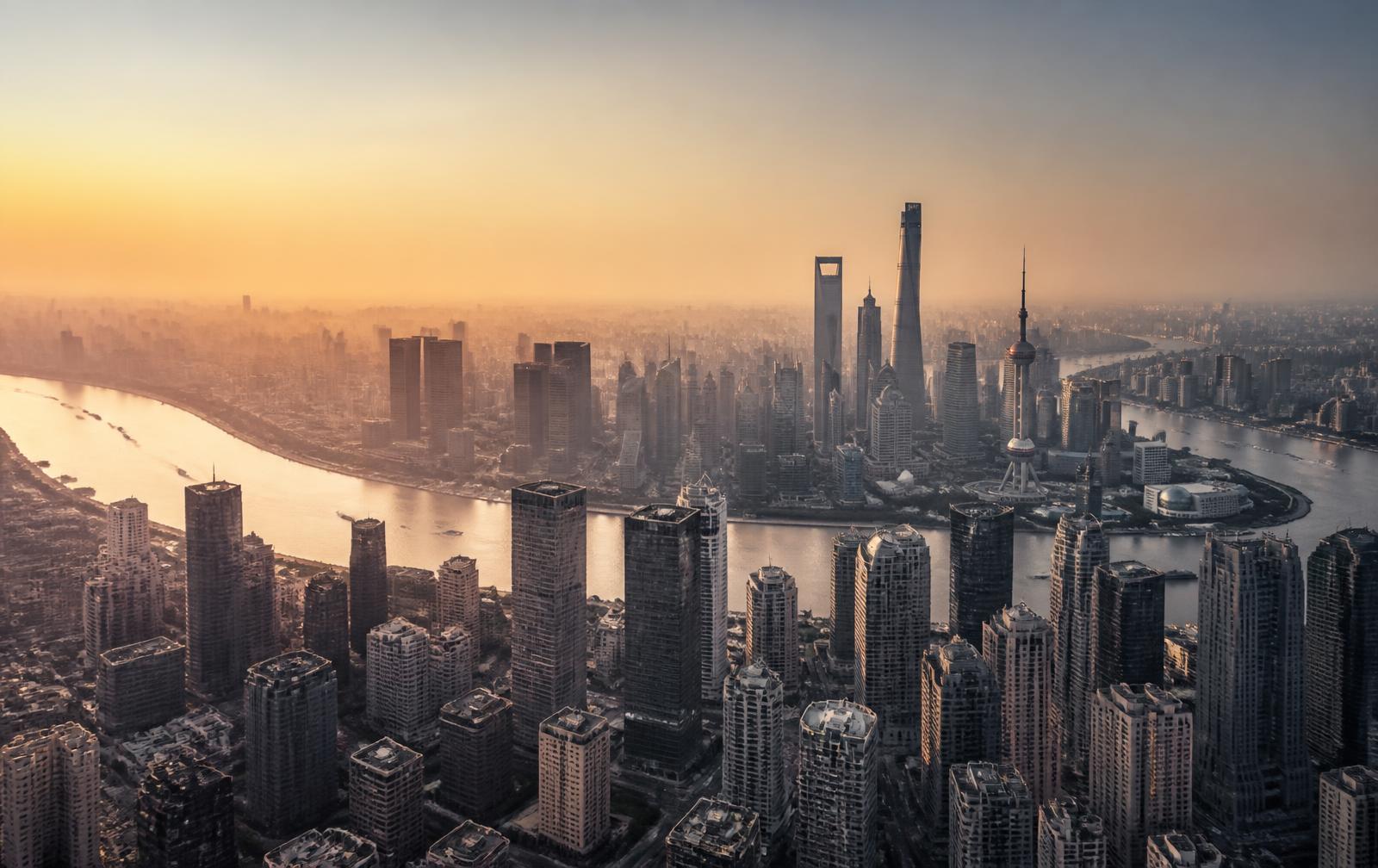 Aerial view of a major city at dawn