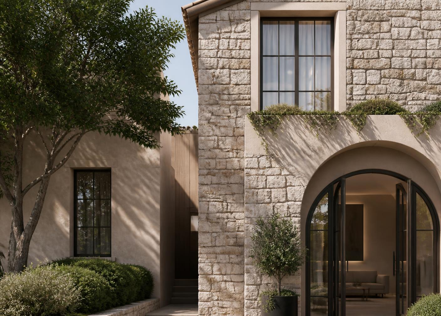 Contemporary stone residential architecture in natural light